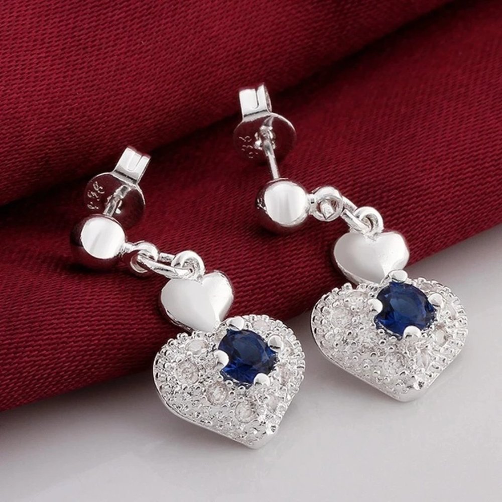 Beautiful 4 Pc Set Sapphire Heart Pendant & Earrings, w.18 Chain Sterling Silver - Picture 3 of 10